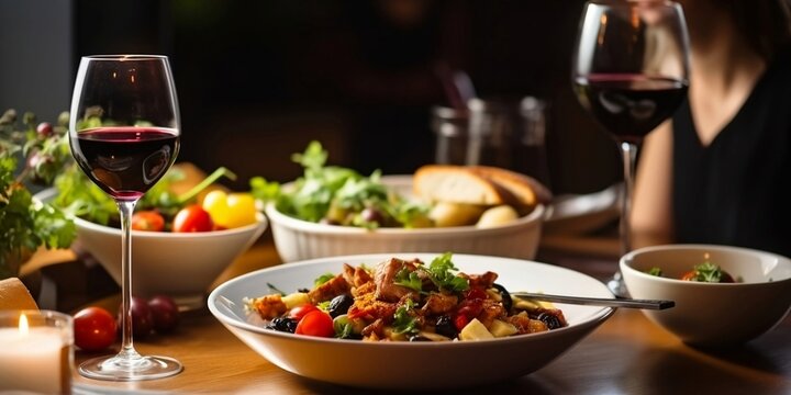 A table topped with plates of food and glasses of wine next to a bowl of salad and a glass of wine on top of a table. Generative AI technology