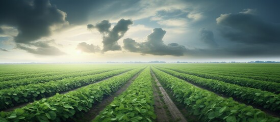Rain filled clouds approaching a vast soy plantation with copyspace for text - obrazy, fototapety, plakaty