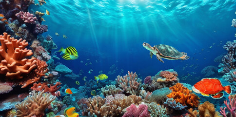 Fototapeta na wymiar beautiful sea Turtle with group of colorful fish and sea animals with colorful coral underwater in ocean, sun rays, blue background