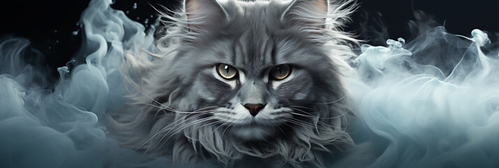 A wide horizontal digital art banner image of a cute  gray color cat face with sharp eyes coming out of white smoke in a dark background 