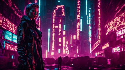 Woman in the night cityscape