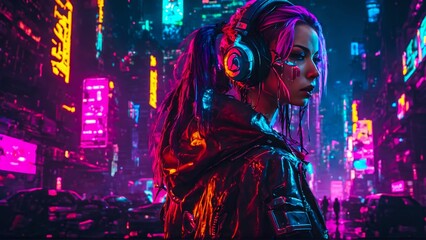 Woman in the night cityscape