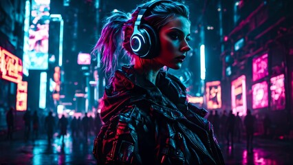 Woman in the night cityscape