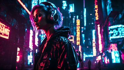 Woman in the night cityscape