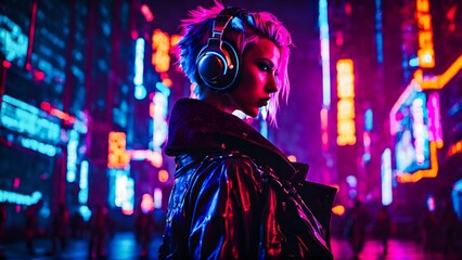 Woman in the night cityscape