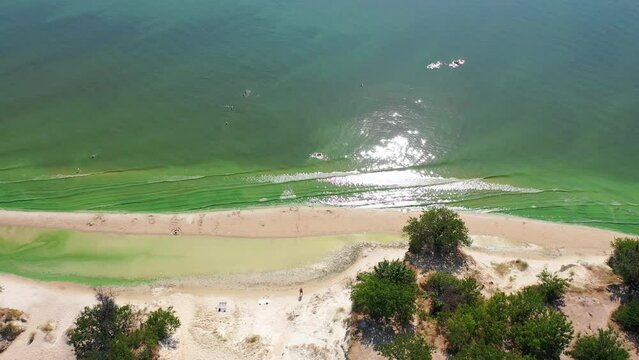 Ukraine, View from the mountain Pivikha on the Kremenchuk water reservoir near Svitlovodsk, Kirovograd region, Ukraine. Natural background in a sunny summer day.