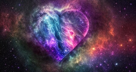 Illustration of a heart in space against a background of nebulae, star clusters and galaxies