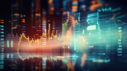 Holographic illustration of digital data, financial graphs, charts with night city on the background. For covers, banners and other projects about trading and data analytics.