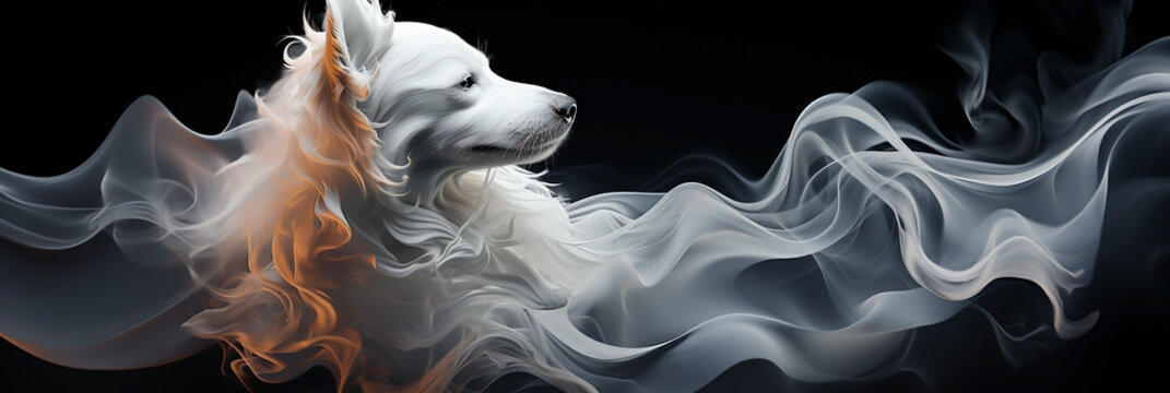 A wide web banner image of a cute little dog face coming out of white foggy smoke in black background 