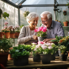 Generative AI, happy elderly man and woman working in the garden, greenhouse, hobby for the elderly, gardening, pots, flowers, plants, pensioners, old age, grandparents, vegetable garden, grandfather