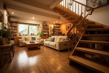 Cozy atmosphere, wooden floors, spacious section, stairs to upper level. Generative AI