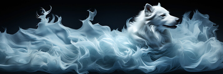 A wide banner image for a dog memorizing of cute white dog coming out of smoke in dark blue...