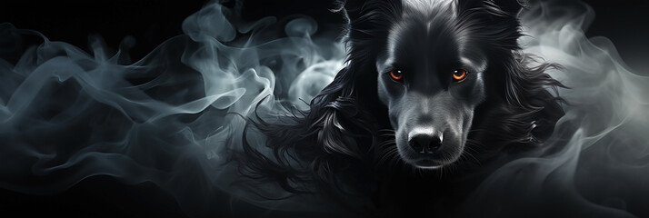 A wide horizontal banner image of a cute black dog face created with white smoke in dark background 