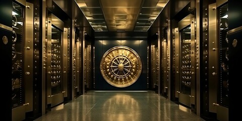 Bank vault door. Safe deposit boxes room in bank vault. Inside in Bank vault room with Dollars and euro money. Store Gold in storage. Generative AI technology - obrazy, fototapety, plakaty