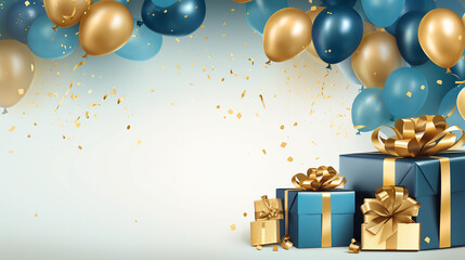 Fototapeta na wymiar Holiday celebration background with blue and gold balloons 