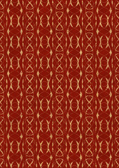 Hand-drawn unique abstract symmetrical seamless gold ornament on a bright red background. Paper texture. Digital artwork, A4. (pattern: p10-3f)