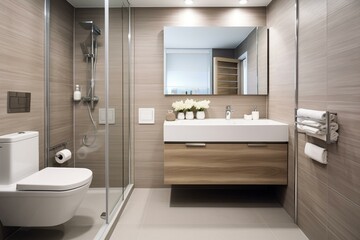 Fototapeta na wymiar Contemporary bathroom with shower, vanity, tiles, toilet. Generative AI