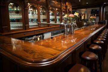 elegant bar with dual beer taps on beautiful mahogany counter. Generative AI - obrazy, fototapety, plakaty