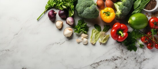 Top view of clean eating concept with fresh unprocessed veggies vegan diet over marble countertop with copyspace for text