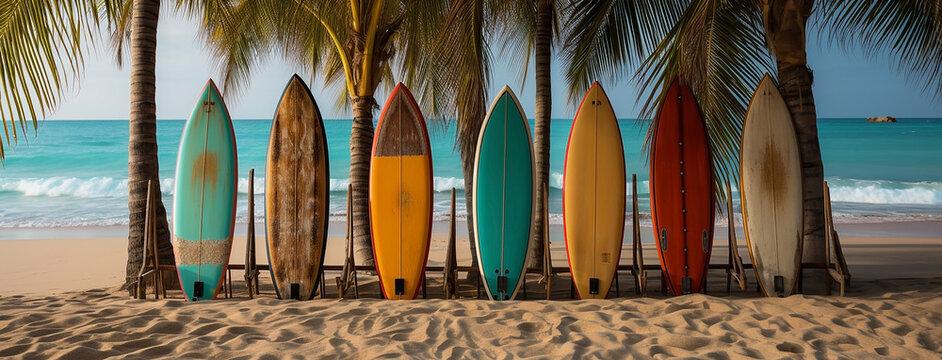 Horizontal sporty banner of Colorful surfing board lay under the shade of coconut trees in tropical Sri Lankan beach