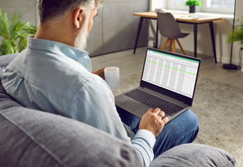 Mature businessman or financial accountant working on laptop. Senior man sitting on sofa at home,...