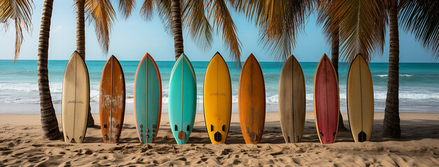 Wide sports background of colorful surfing board lay in standing position at a tropical Sri Lankan beach between two coconut trees  