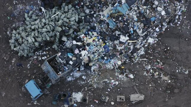 Garbage collecting and sorting site. Aerial view of garbage dump site