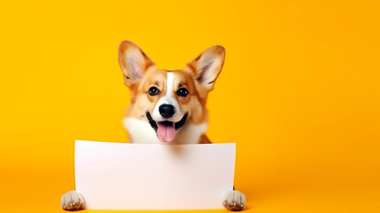 Corgi with a sheet of white paper in his paws on a yellow background, free space for text or copy