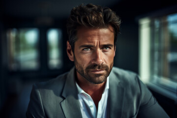 Close-up Portrait of a Dynamic Caucasian Businessman in his 30s-40s: Exuding Elegance, Charm, and Virility, This Modern CEO with a Beard Stands as a Pillar of Confidence and Corporate Excellence