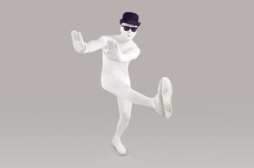 Full length portrait of faceless unrecognizable person wearing white skinny bodysuit costume with black glasses and hat. Incognito funny man walking isolated on studio grey background with copy space