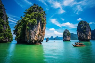 Stunning natural scenery of James Bond Island surrounded by boat in Phang-nga Bay, a famous tourist attraction in Phuket, Thailand for summer vacation trips. Generative AI