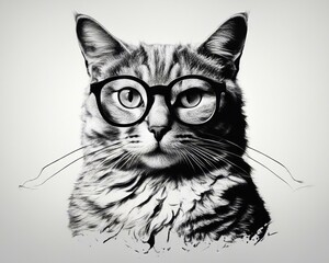 A black and white drawing of a cat wearing glasses.