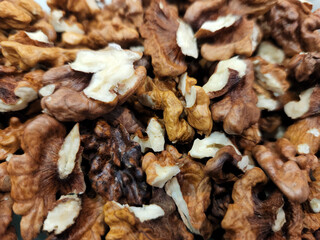 Walnuts. Walnut kernels. Background of ripe walnut kernels