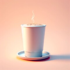 A steaming cup of coffee sits on a saucer, against a pink background.