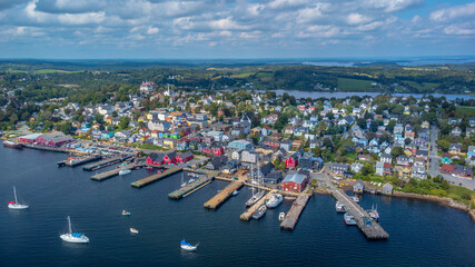 Aerial view of the charming historical and colorful town of Lunenburg, Nova Scotia, Canada. A UNESCO world heritage site. Photo taken by drone in September 2023.