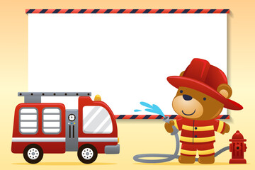 Cute bear in fireman costume holding fire hose with fire truck. Firefighter elements with blank sign. Vector cartoon illustration