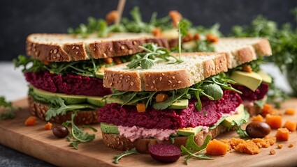 Real Vegan sandwiches with beetroot hummuss andwich Background Photo