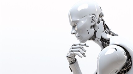A 3D rendering of a humanoid robot in deep contemplation, symbolizing the intersection of AI and technology.