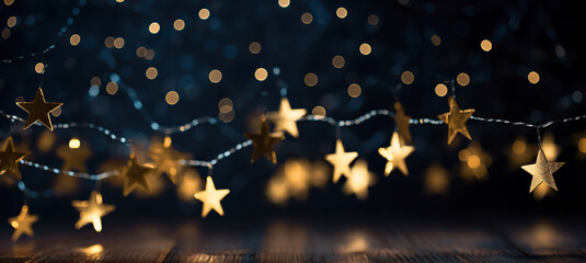 Christmas glowing Golden blue Background. Gold Christmas stars on a dark blue background. Holiday...