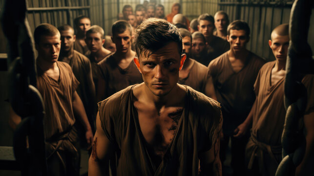 group of criminals in prison with serious faces looking at the camera
