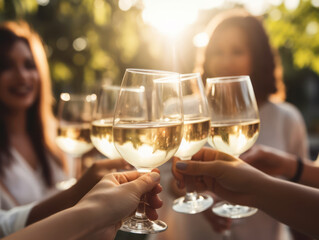 Close up of group of friends clinking glasses with wine on outdoor party summer terrace