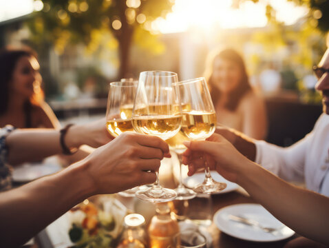 Close up of group of friends clinking glasses with wine on outdoor party summer terrace