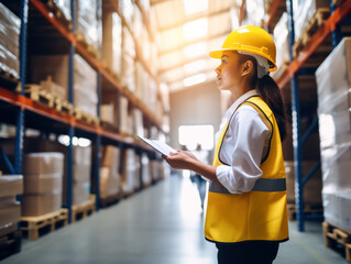 Side view of Asian female warehouse worker in vest uniform writing notes on clipboard checking inventory in warehouse