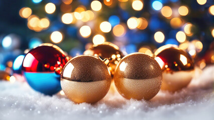Fototapeta na wymiar Christmas background with shiny balls and blurred bokeh lights.