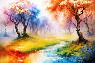 Watercolor landscape art with multicolored forest, surreal trees with colorful leaves, artistic vision of autumn.