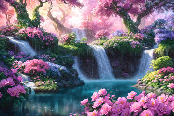 A beautiful paradise land full of flowers, rivers and waterfalls, a blooming and magical idyllic Eden garden.