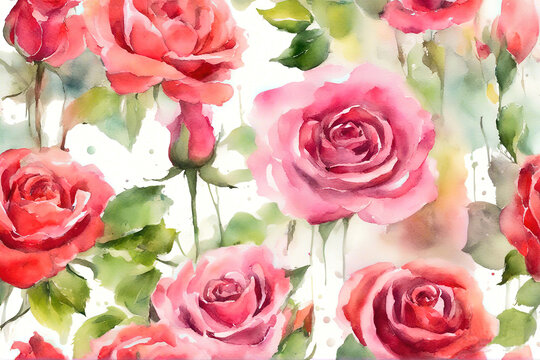 Watercolor roses flowers background isolated on white, abstract flowers made from watercolor paint splashes.