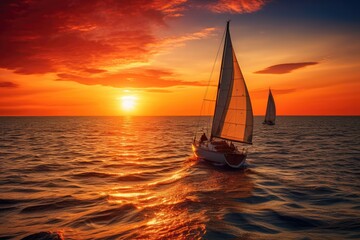 Sunset on the ocean with sailing yachts on the horizon 