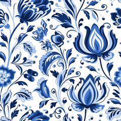 Fototapeta premium A seamless watercolor gouache pattern in a Dutch-inspired style, featuring blue florals for fabric or wallpaper..