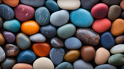Background image of smooth multi-colored pebbles, top view.